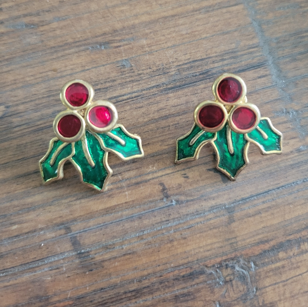 Enamel Holly Berry Vintage Earrings